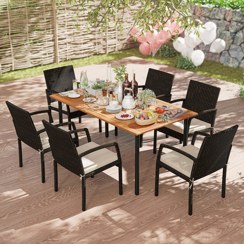 7 Pieces Outdoor Dining Set Acacia Wood Table with Umbrella Hole and Cushions, Off White