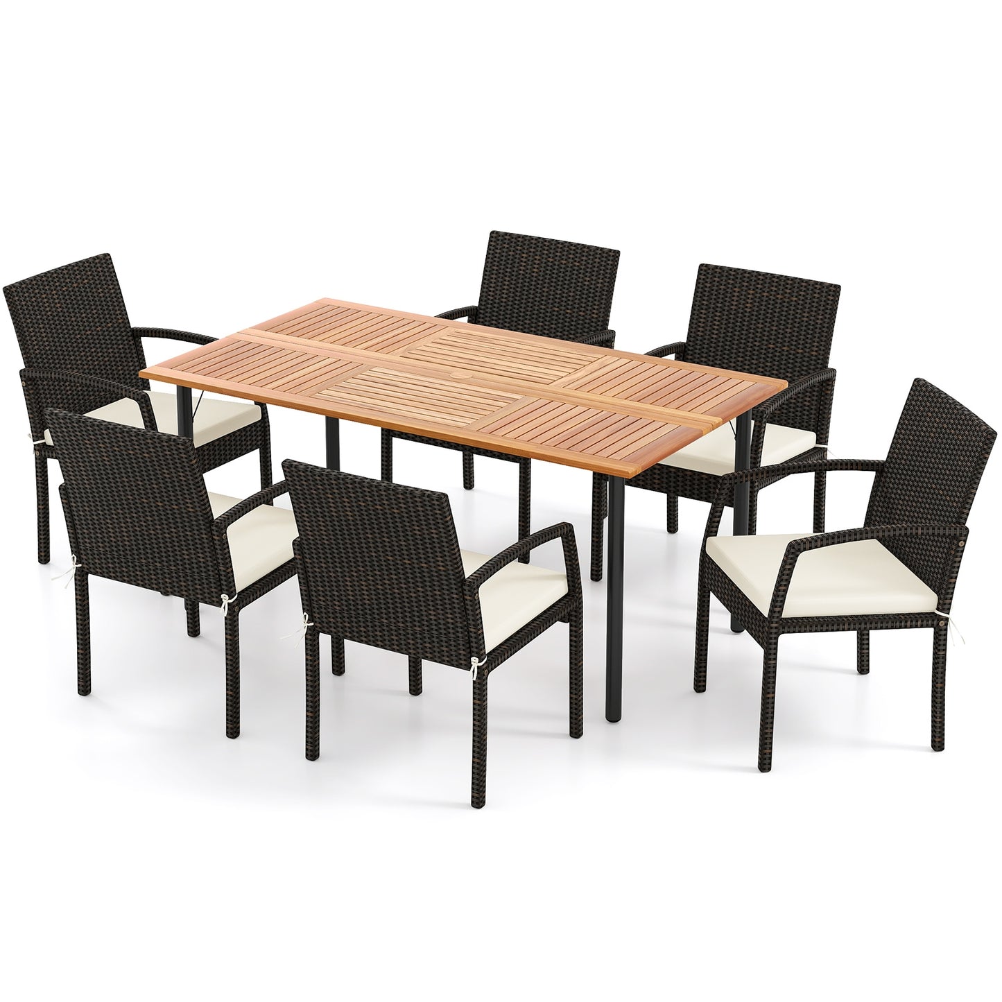 7 Pieces Outdoor Dining Set Acacia Wood Table with Umbrella Hole and Cushions, Off White Patio Dining Sets at Gallery Canada