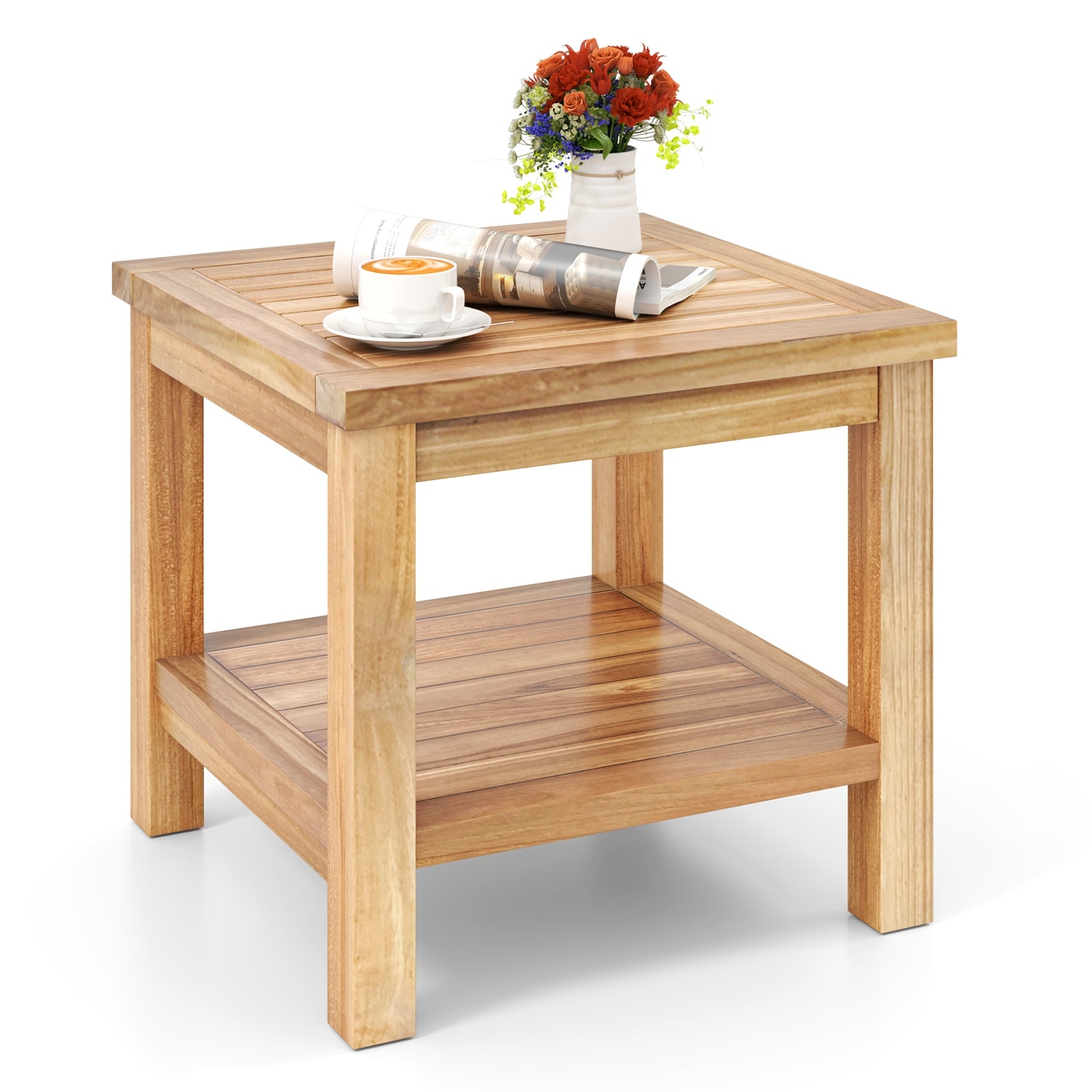 Teak Wood Square Side Table, Open Shelf, Natural Patio Coffee Tables at Gallery Canada
