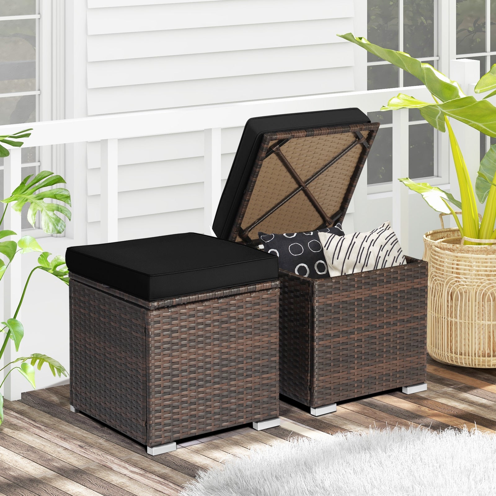 2 Pieces Patio Ottoman with Hidden Storage Space, Black Outdoor Seating & Patio Chairs at Gallery Canada