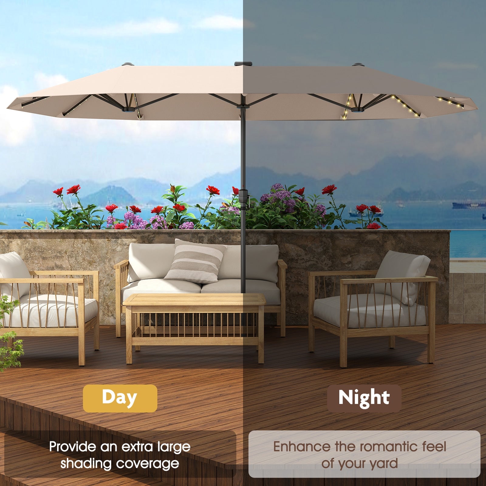 13 FT Patio Umbrella With LED Solar Lights, Crank Handle, Beige Outdoor Umbrellas at Gallery Canada