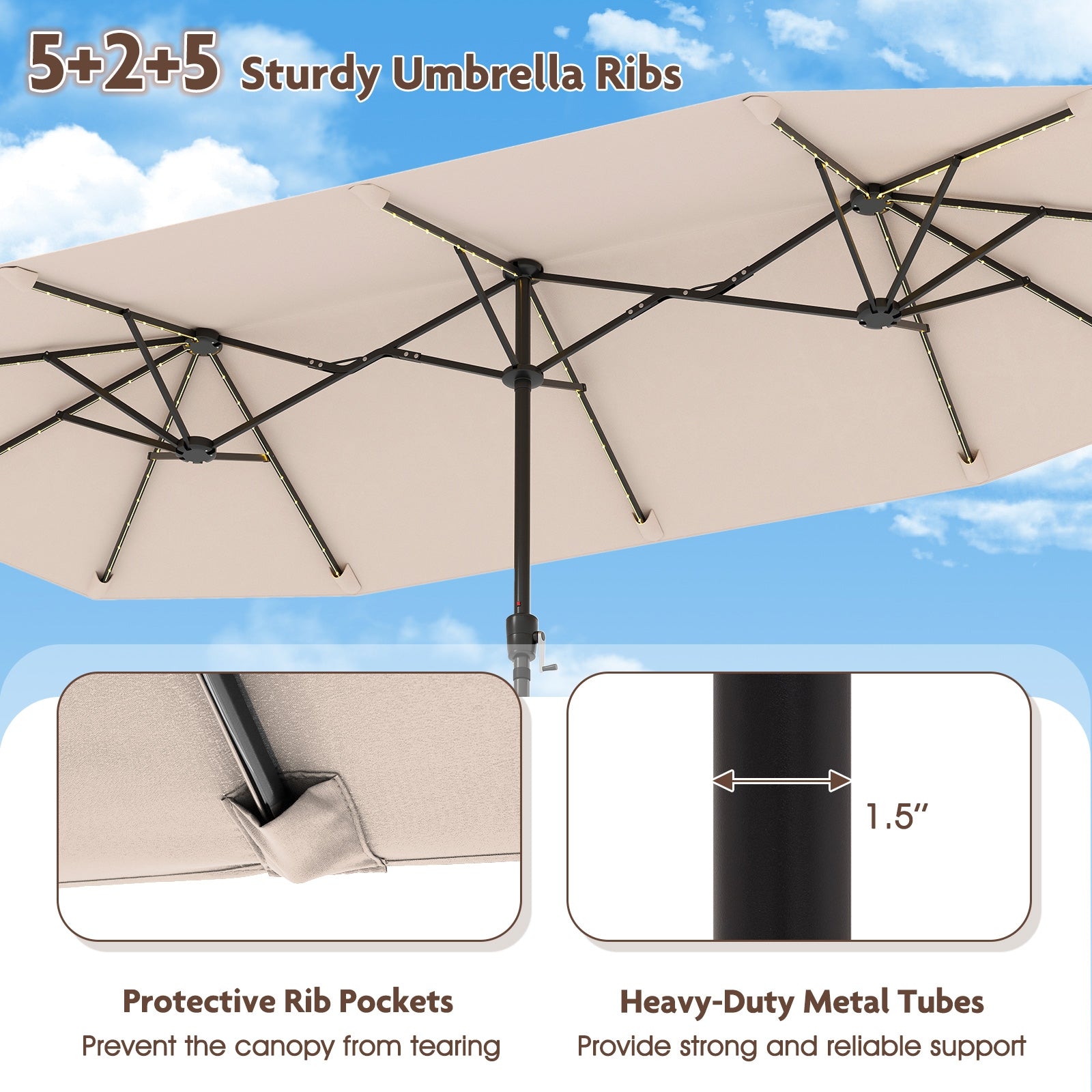 13 FT Large Patio Umbrella with LED Solar Lights and Crank Handle, Beige Outdoor Umbrellas at Gallery Canada