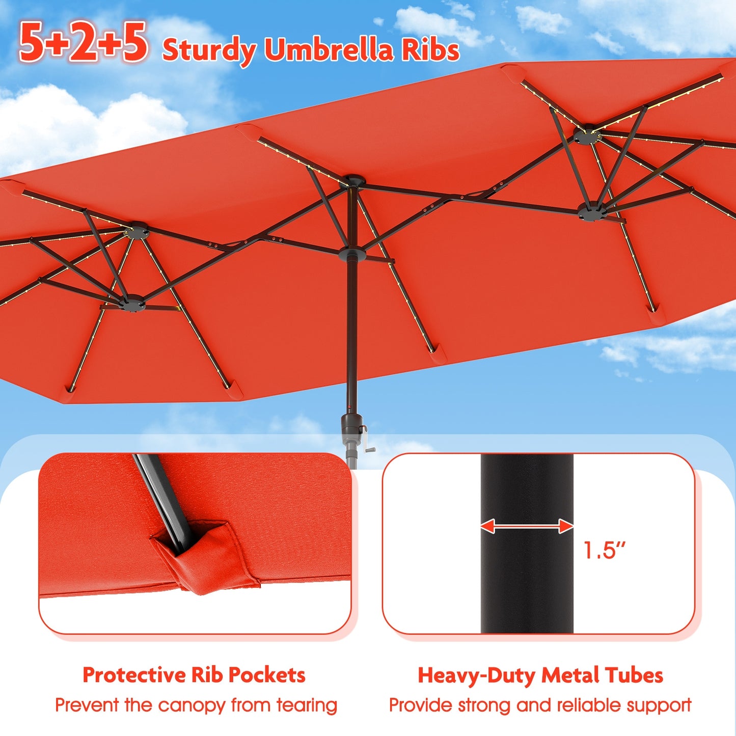 13 FT Large Patio Umbrella with LED Solar Lights and Crank Handle, Orange Outdoor Umbrellas at Gallery Canada