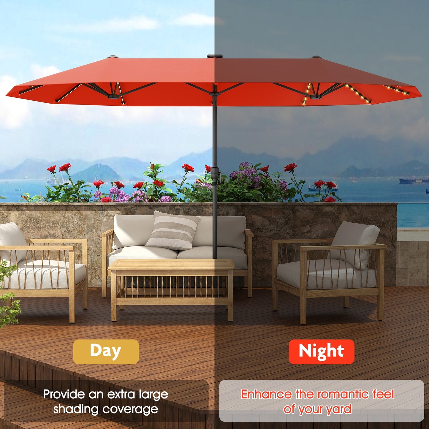 13 FT Large Patio Umbrella with LED Solar Lights and Crank Handle, Orange Outdoor Umbrellas at Gallery Canada