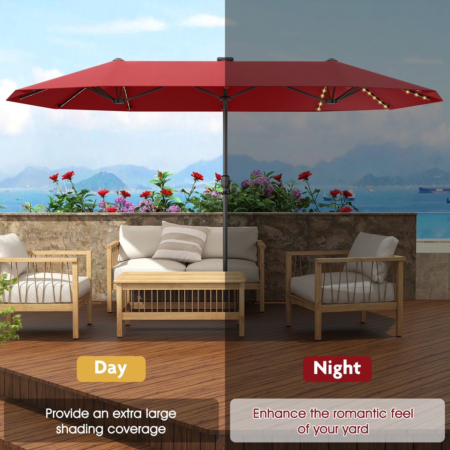 13 FT Large Patio Umbrella, LED Solar Lights, Crank Handle, Red Outdoor Umbrellas at Gallery Canada