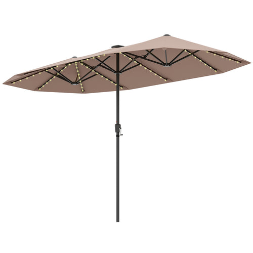 13 FT Patio Umbrella With LED Solar Lights, Crank Handle, Coffee