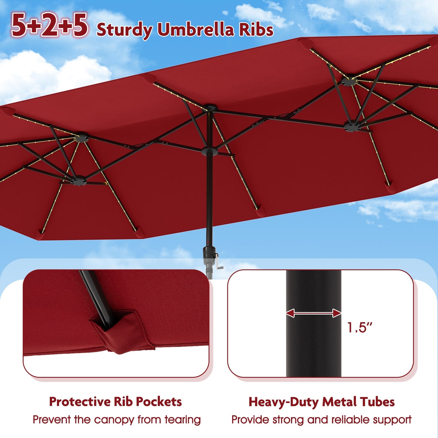 13 FT Large Patio Umbrella with LED Solar Lights and Crank Handle, Red Outdoor Umbrellas at Gallery Canada