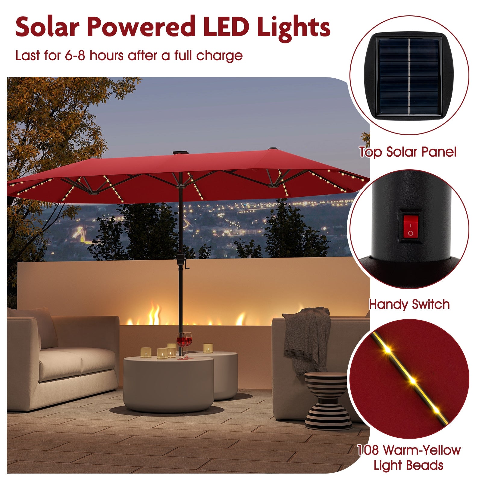 13 FT Large Patio Umbrella, LED Solar Lights, Crank Handle, Red Outdoor Umbrellas at Gallery Canada