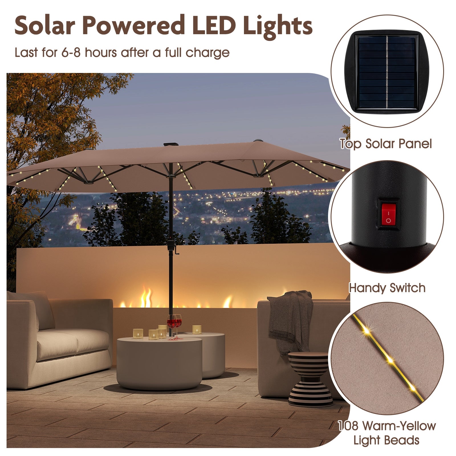 13 FT Large Patio Umbrella with LED Solar Lights and Crank Handle, Coffee Outdoor Umbrellas at Gallery Canada