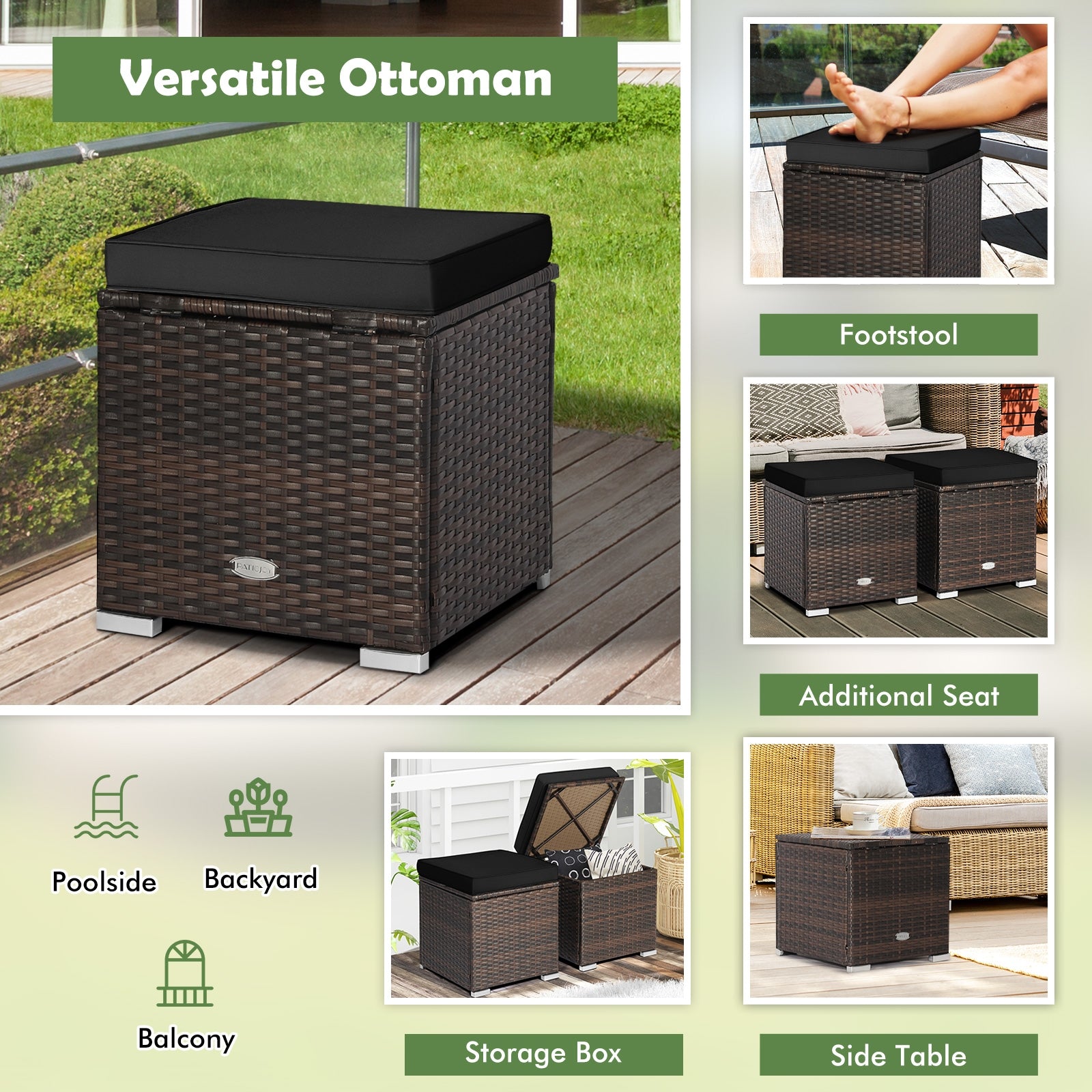 2 Pieces Patio Ottoman with Hidden Storage Space, Black Outdoor Seating & Patio Chairs at Gallery Canada