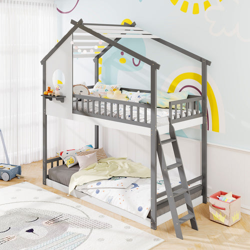 Twin over Twin House Bunk Bed with Roof and Guardrails for Kids-White & Gray, Gray & White