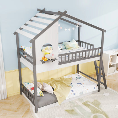 Twin over Twin House Bunk Bed with Roof and Guardrails for Kids-White & Gray, Gray & White Bunk Bed Frame at Gallery Canada