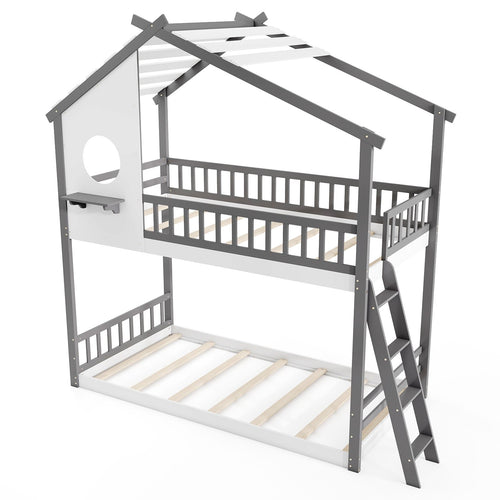 Twin over Twin House Bunk Bed with Roof and Guardrails for Kids-White & Gray, Gray & White