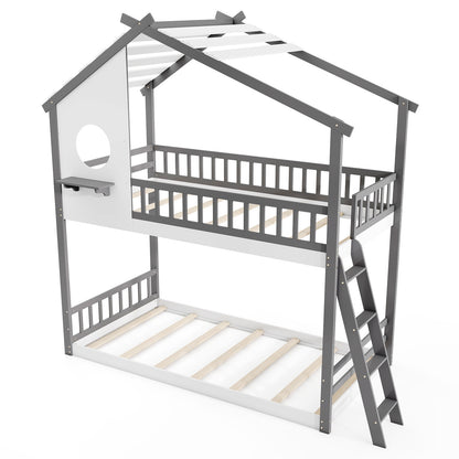 Twin Over Twin House Bunk Bed With Roof, Guardrails, White Gray