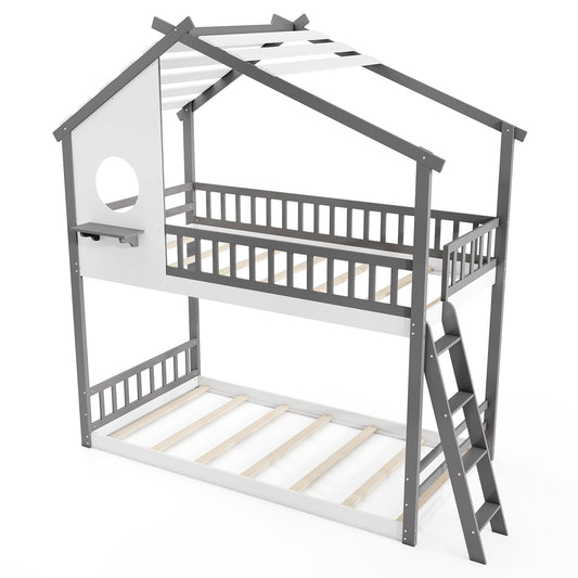 Twin Over Twin House Bunk Bed With Roof, Guardrails, White Gray
