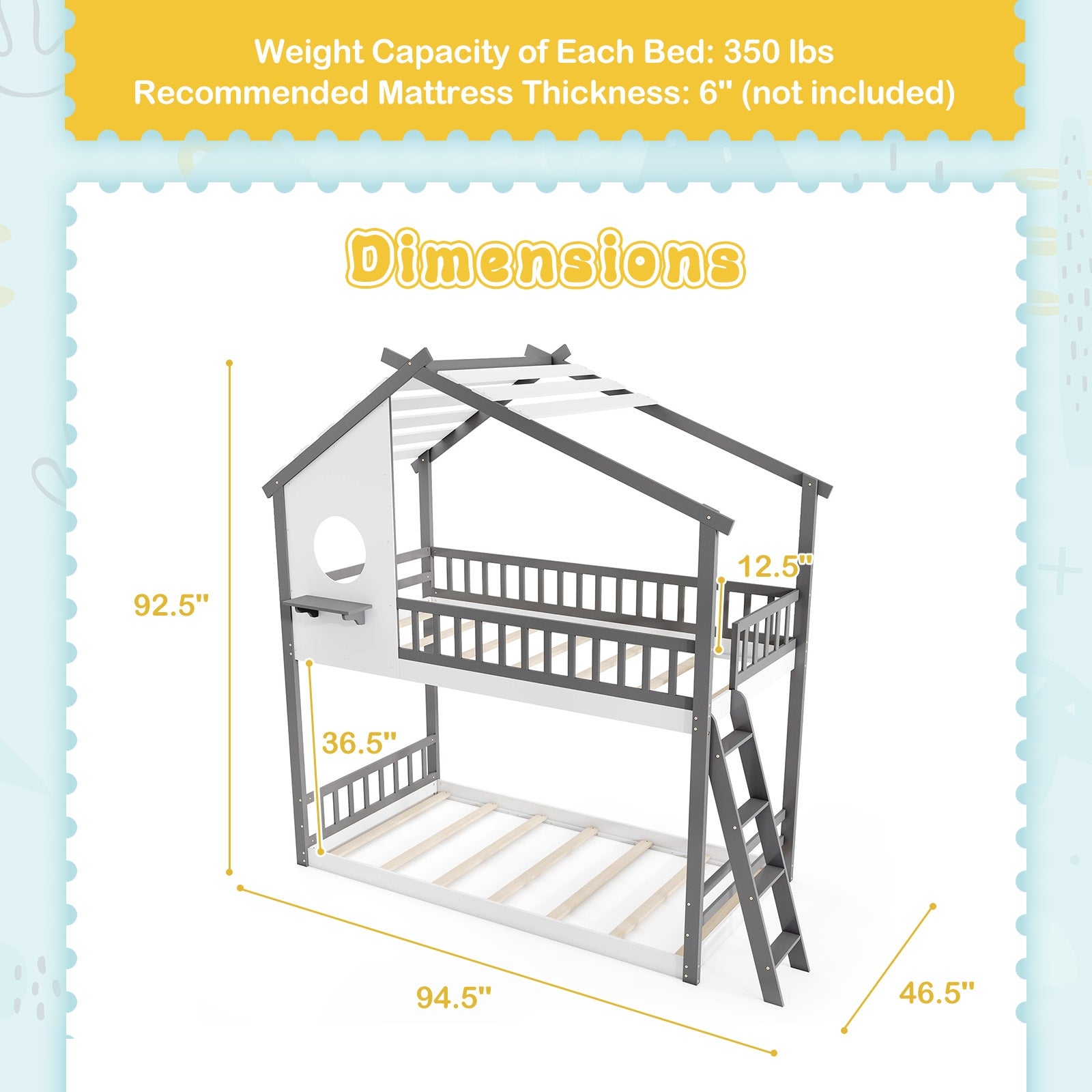 Twin over Twin House Bunk Bed with Roof and Guardrails for Kids-White & Gray, Gray & White Bunk Bed Frame at Gallery Canada