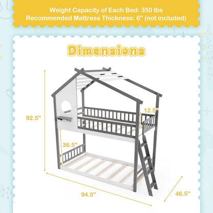 Twin over Twin House Bunk Bed with Roof and Guardrails for Kids-White & Gray, Gray & White Bunk Bed Frame at Gallery Canada