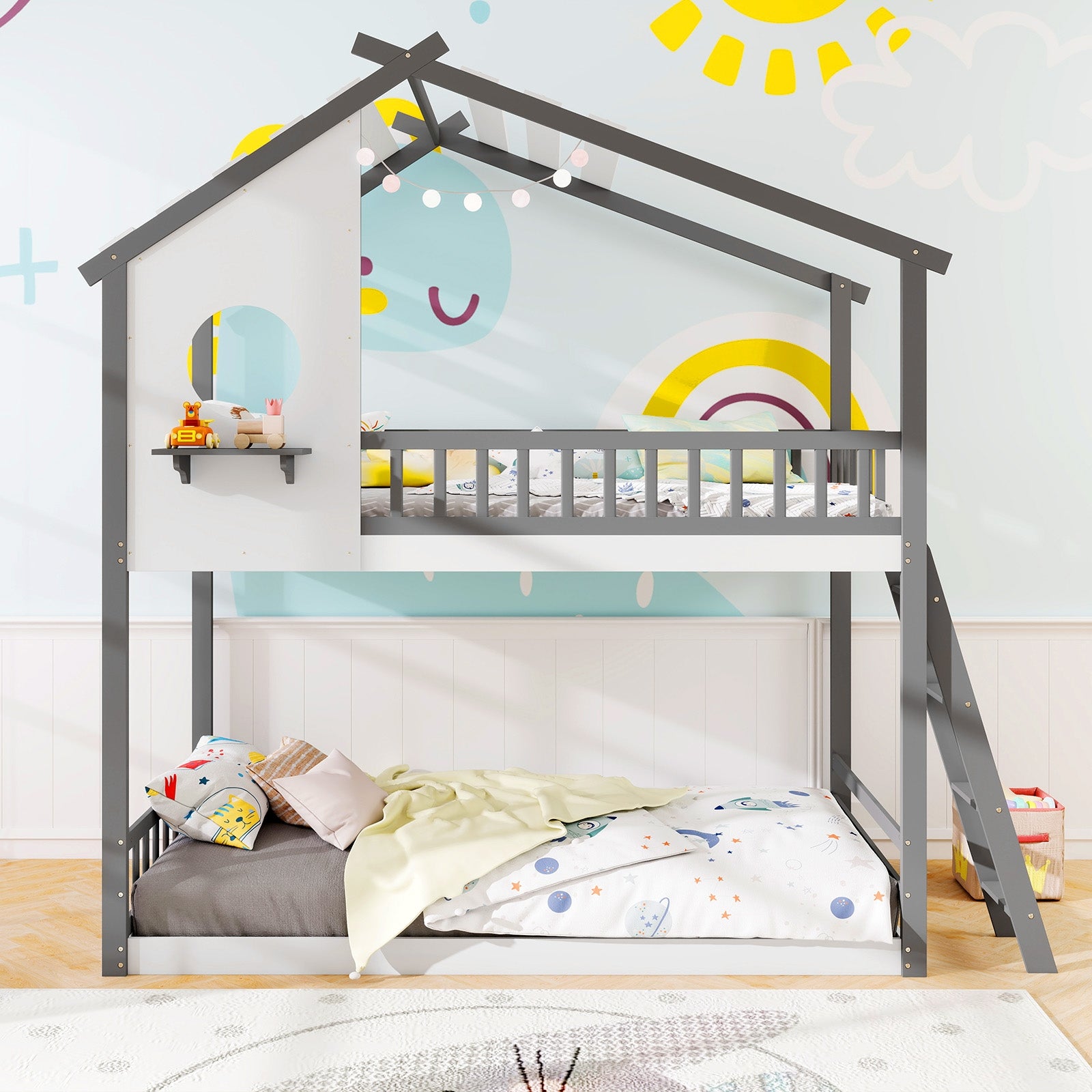 Twin over Twin House Bunk Bed with Roof and Guardrails for Kids-White & Gray, Gray & White Bunk Bed Frame at Gallery Canada