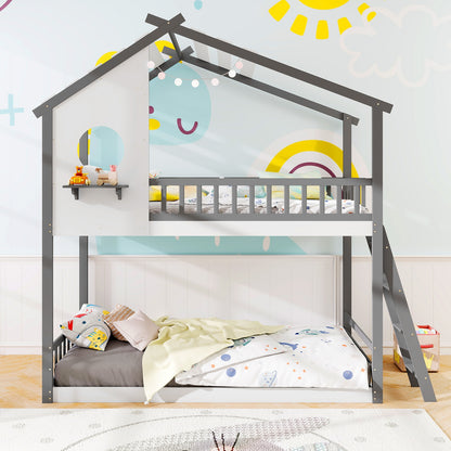 Twin over Twin House Bunk Bed with Roof and Guardrails for Kids-White & Gray, Gray & White Bunk Bed Frame at Gallery Canada