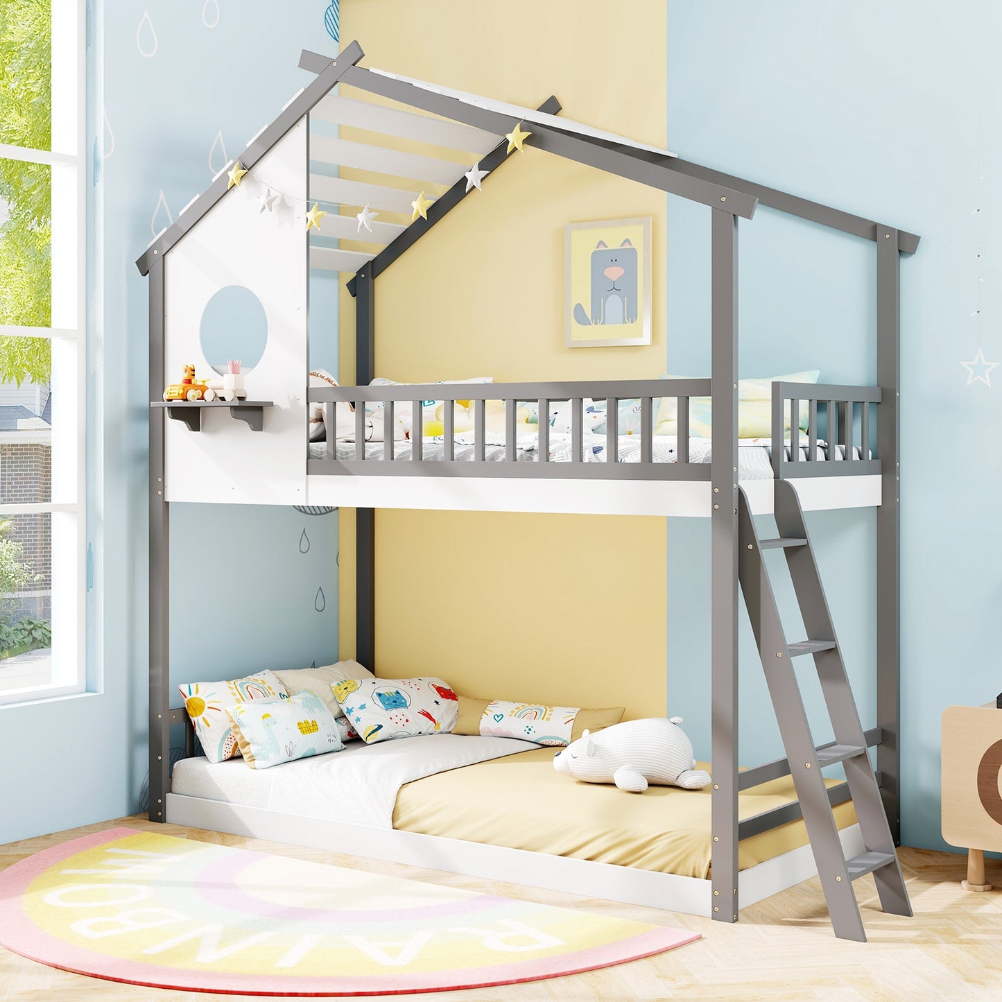 Twin over Twin House Bunk Bed with Roof and Guardrails for Kids-White & Gray, Gray & White Bunk Bed Frame at Gallery Canada