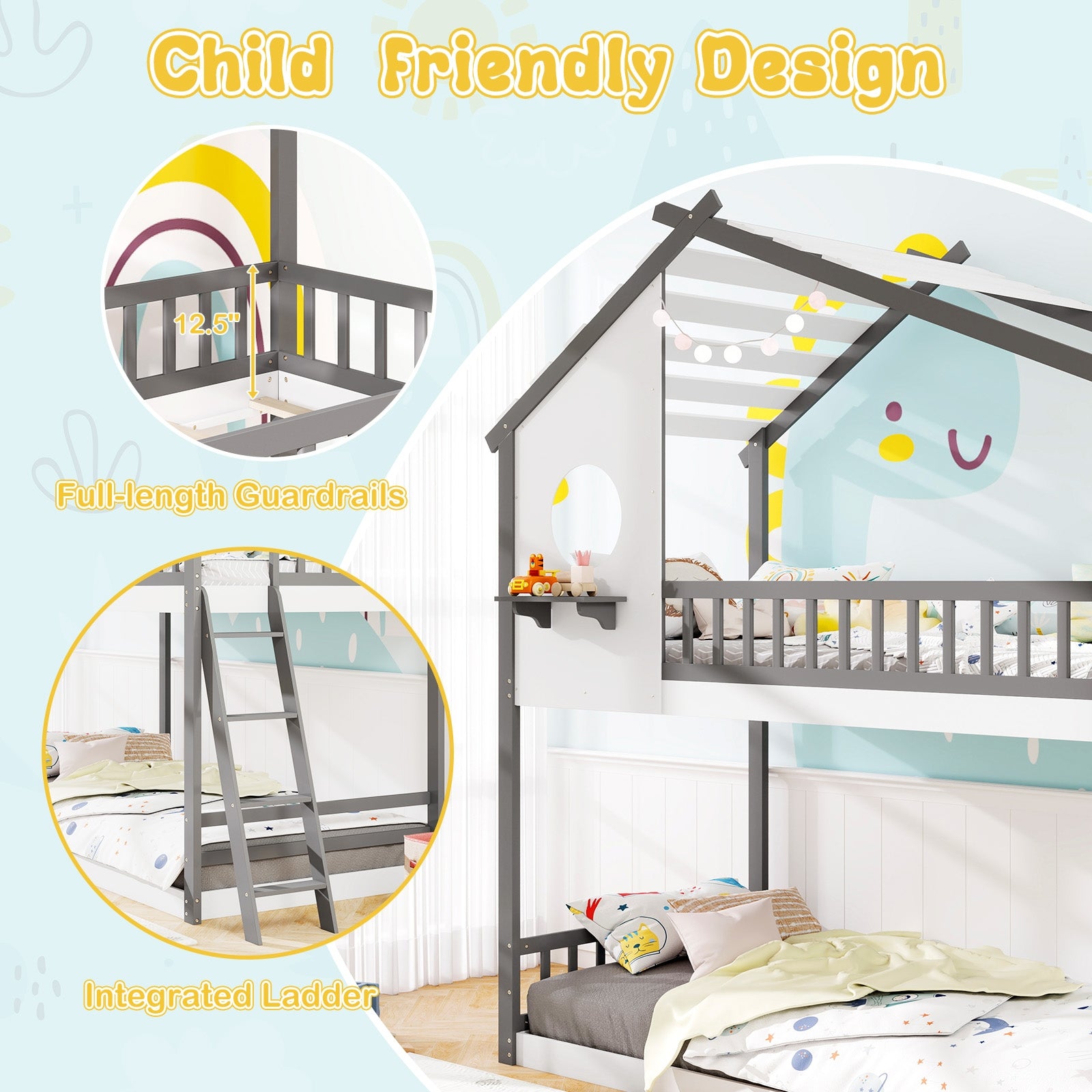 Twin over Twin House Bunk Bed with Roof and Guardrails for Kids-White & Gray, Gray & White Bunk Bed Frame at Gallery Canada