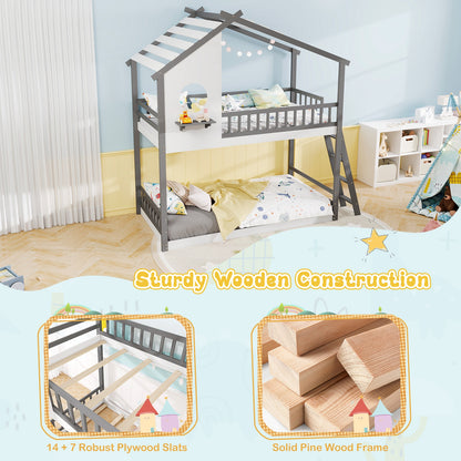 Twin over Twin House Bunk Bed with Roof and Guardrails for Kids-White & Gray, Gray & White Bunk Bed Frame at Gallery Canada