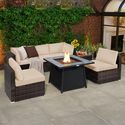 7 Pieces Patio Furniture Set with 35 Inches 50000 BTU Propane Gas Fire Pit Table and Waterproof Cover for Firpit, Beige Patio Dining Sets Beige at Gallery Canada