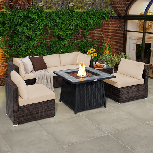 7 Pieces Patio Furniture Set with 35 Inches 50000 BTU Propane Gas Fire Pit Table and Waterproof Cover for Firpit, Beige