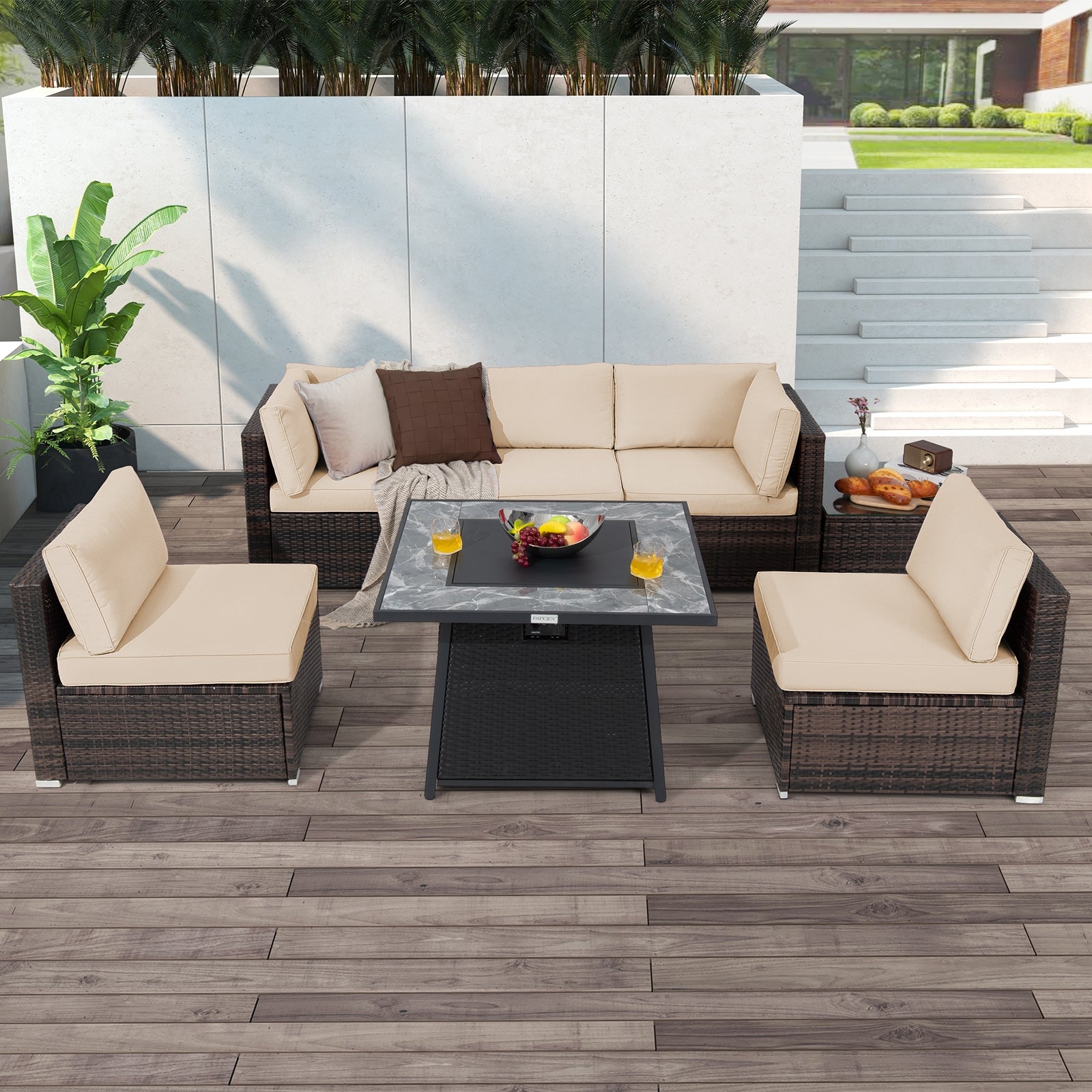 7 Pieces Patio Furniture Set with 35 Inches 50000 BTU Propane Gas Fire Pit Table and Waterproof Cover for Firpit, Beige Patio Dining Sets at Gallery Canada