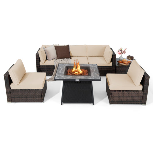 7 Pieces Patio Furniture Set with 35 Inches 50000 BTU Propane Gas Fire Pit Table and Waterproof Cover for Firpit, Beige Patio Dining Sets Beige at Gallery Canada