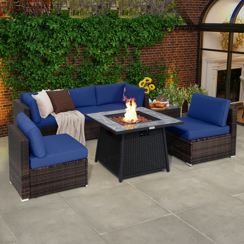 7 Pieces Patio Furniture Set with 35 Inches 50000 BTU Propane Gas Fire Pit Table and Waterproof Cover for Firpit, Navy