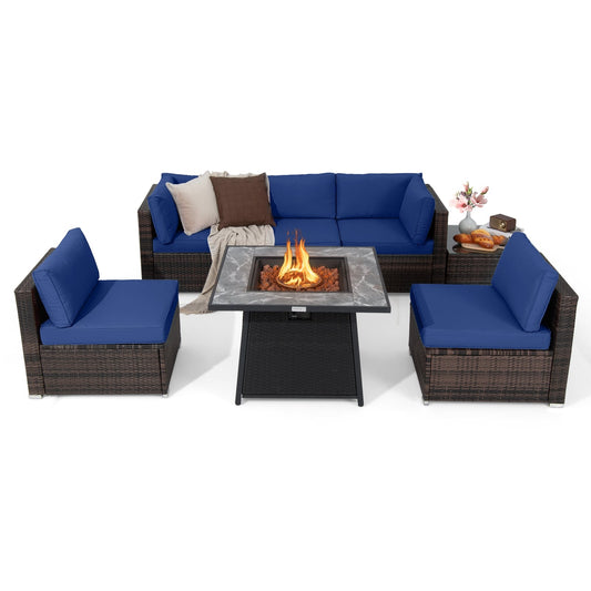 7-Piece Patio Set, 35 Inches 50000 BTU Propane Fire Pit Table, Navy Patio Dining Sets Navy at Gallery Canada