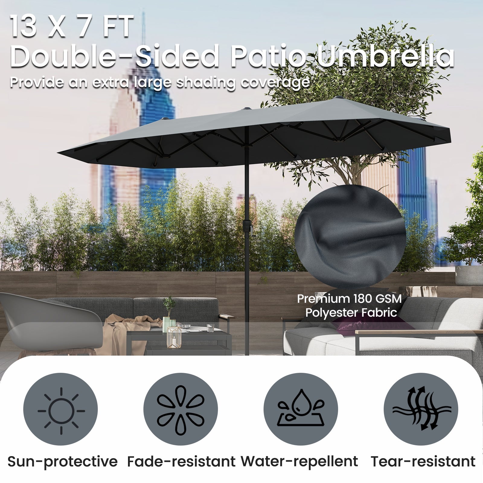 13 FT Large Patio Umbrella, Crank Handle, Gray Outdoor Umbrellas at Gallery Canada