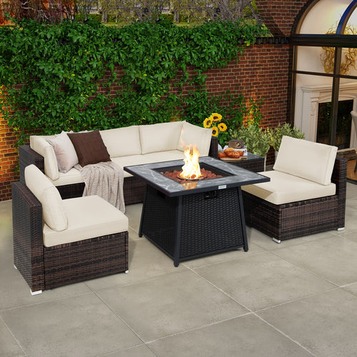 7 Pieces Patio Furniture Set with 35 Inches 50000 BTU Propane Gas Fire Pit Table and Waterproof Cover for Firpit, White