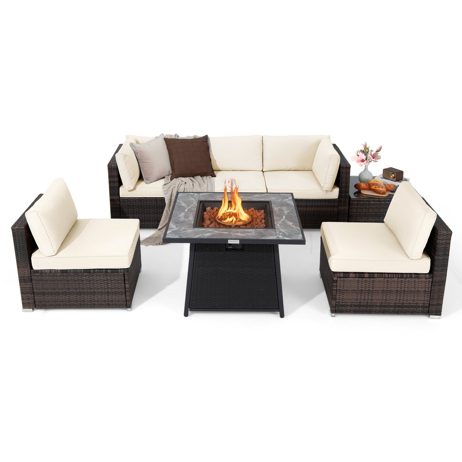 7 Pieces Patio Furniture Set with 35 Inches 50000 BTU Propane Gas Fire Pit Table and Waterproof Cover for Firpit, White Patio Dining Sets White at Gallery Canada