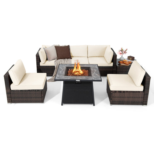 7 Pieces Patio Furniture Set with 35 Inches 50000 BTU Propane Gas Fire Pit Table and Waterproof Cover for Firpit, White