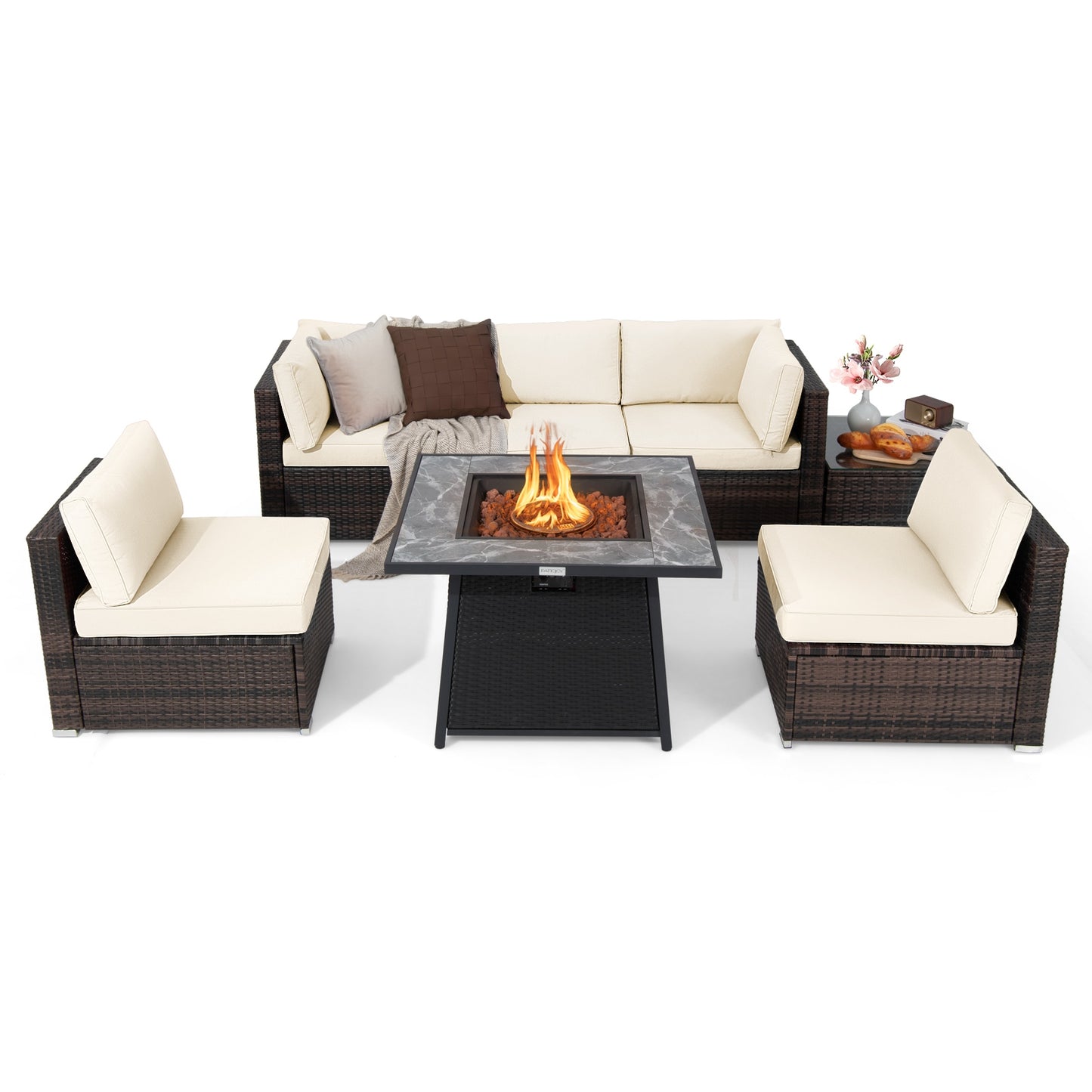 Ensemble de patio 7 pièces, table de foyer au propane 35 pouces 50000 BTU, blanc