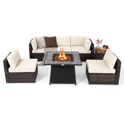 Ensemble de patio 7 pièces, table de foyer au propane 35 pouces 50000 BTU, blanc