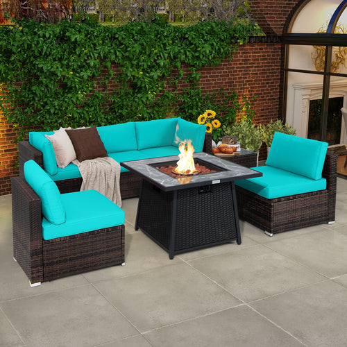 7 Pieces Patio Furniture Set with 35 Inches 50000 BTU Propane Gas Fire Pit Table and Waterproof Cover for Firpit, Turquoise