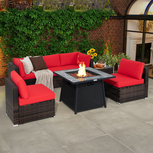 7 Pieces Patio Furniture Set with 35 Inches 50000 BTU Propane Gas Fire Pit Table and Waterproof Cover for Firpit, Red