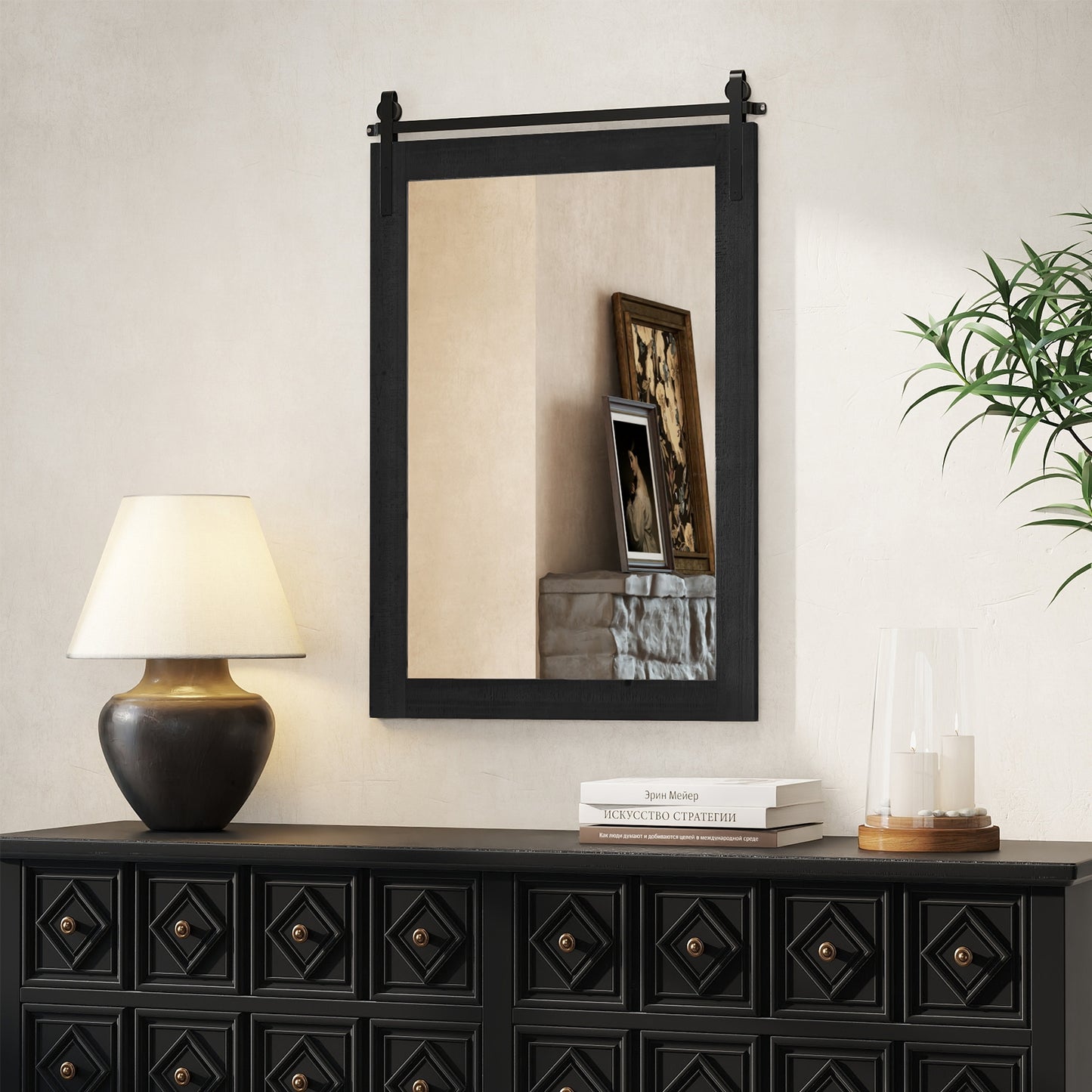 Rustic Wood Frame Barn Door Style Farmhouse Wall Mirror, Black Wall Mirrors at Gallery Canada