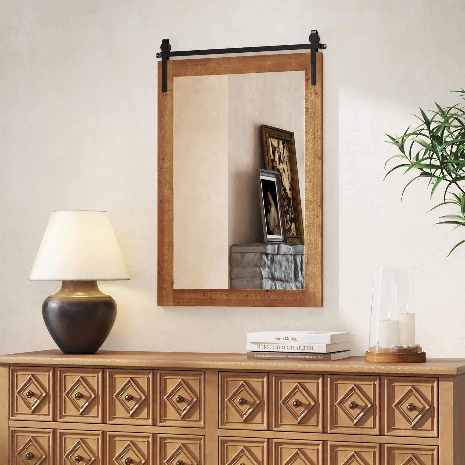 Rustic Wood Frame Barn Door Style Farmhouse Wall Mirror, Brown Wall Mirrors at Gallery Canada