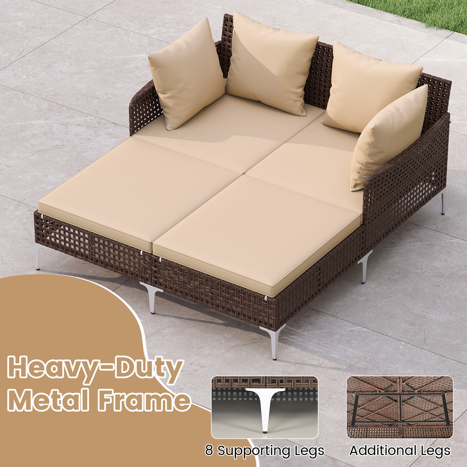 Outdoor Rattan Double Daybed Wicker Chaise Lounge, Brown Outdoor Chaise Lounges at Gallery Canada