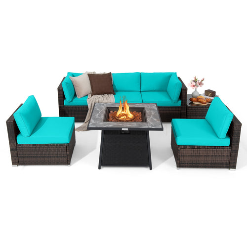 7 Pieces Patio Furniture Set with 35 Inches 50000 BTU Propane Gas Fire Pit Table and Waterproof Cover for Firpit, Turquoise