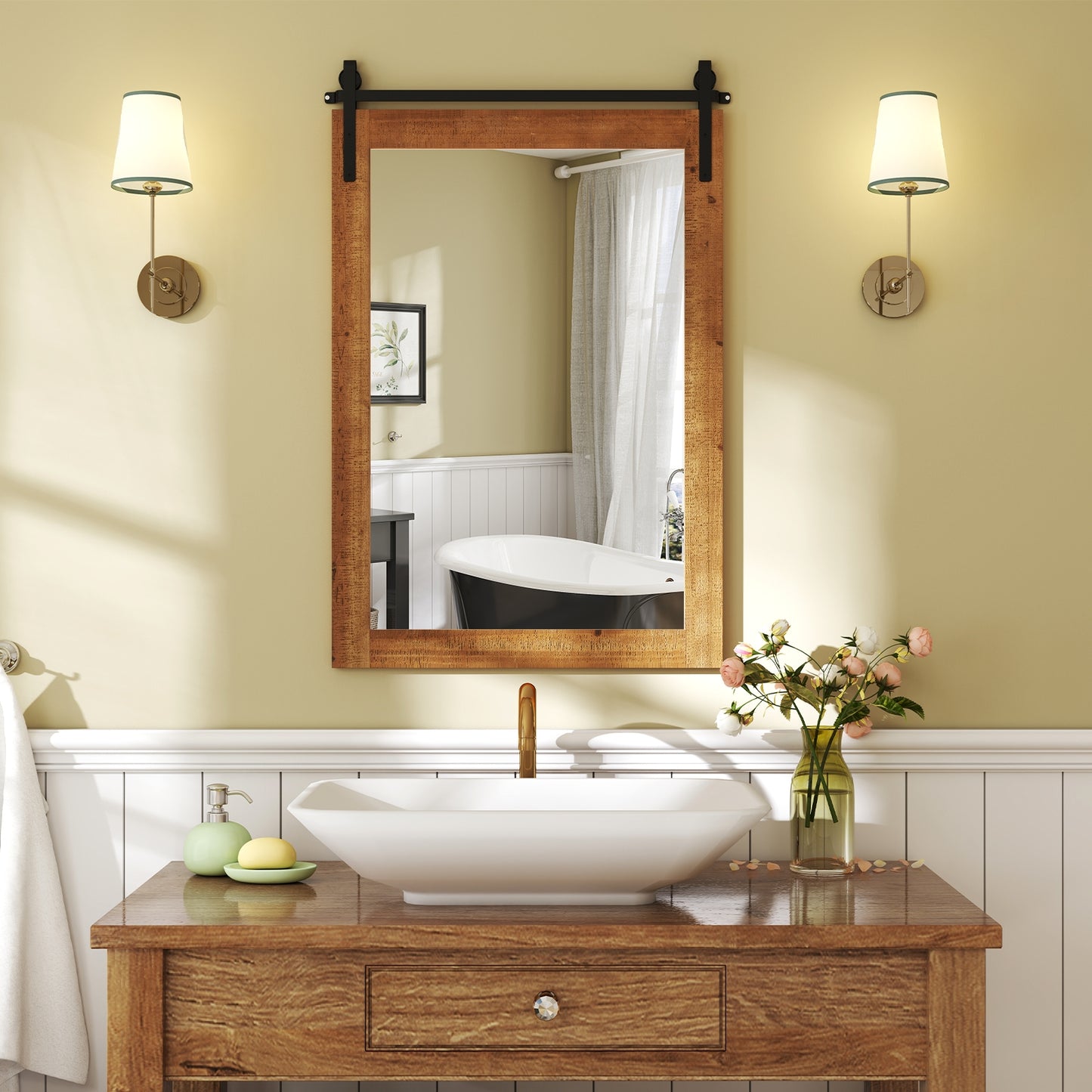 Rustic Wood Frame Barn Door Style Farmhouse Wall Mirror, Brown Wall Mirrors at Gallery Canada