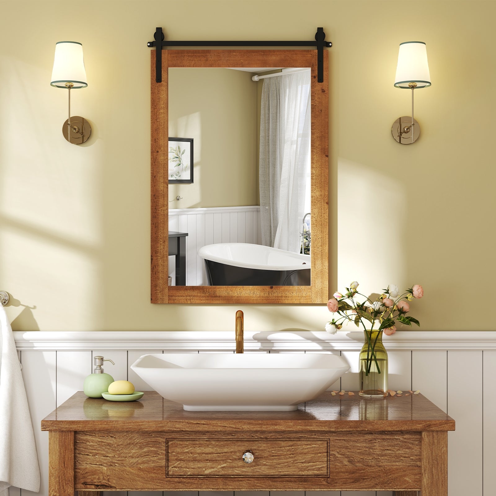 Rustic Wood Frame Barn Door Style Farmhouse Wall Mirror, Brown Wall Mirrors at Gallery Canada
