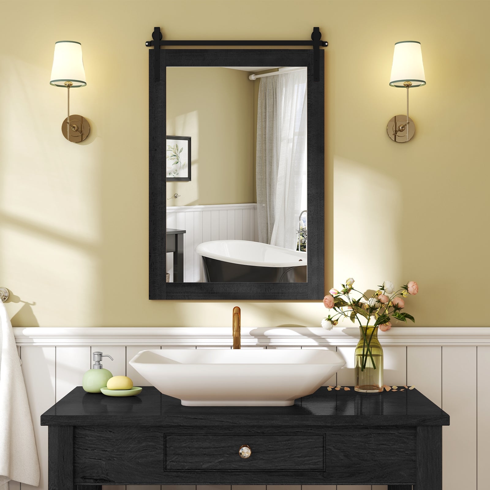 Rustic Wood Frame Barn Door Style Farmhouse Wall Mirror, Black Wall Mirrors at Gallery Canada