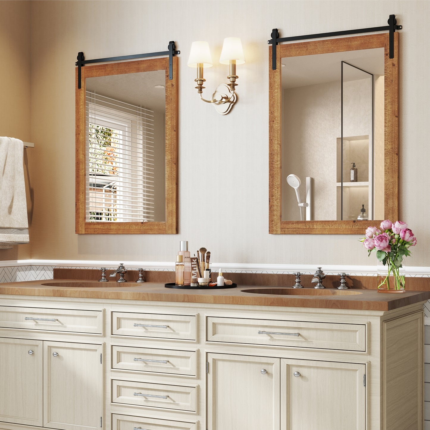 Rustic Wood Frame Barn Door Style Farmhouse Wall Mirror, Brown Wall Mirrors at Gallery Canada