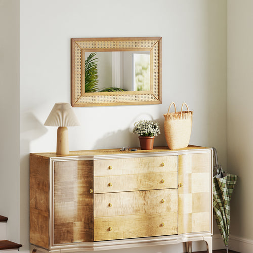 Rattan Decorative Wall Mirror with Wooden Frame for Bathroom and Living Room, Natural