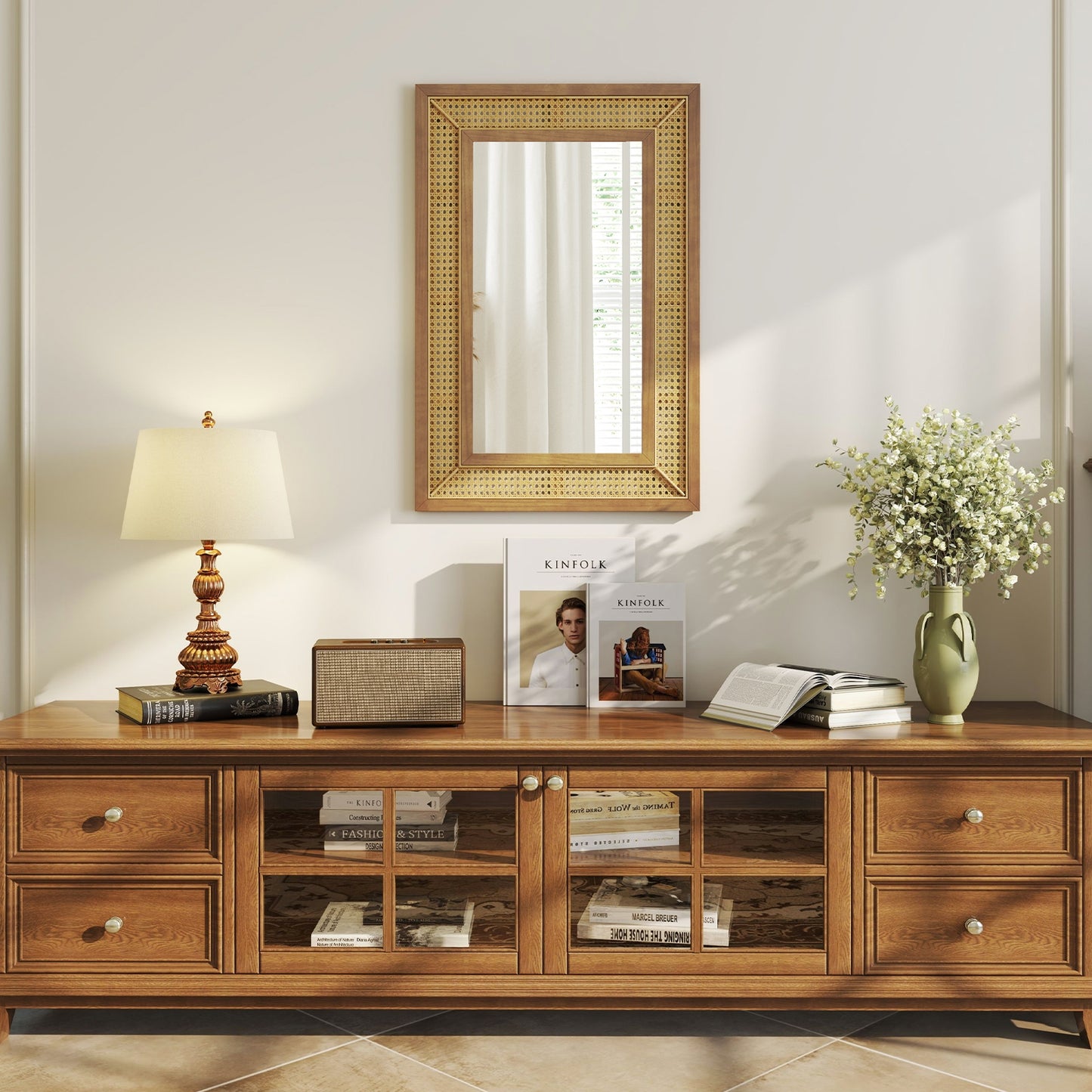 Rattan Decorative Wall Mirror with Wooden Frame for Bathroom and Living Room, Natural Wall Mirrors at Gallery Canada